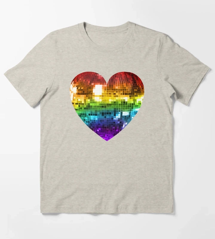 Rainbow Disco Ball Heart T-Shirt Cream