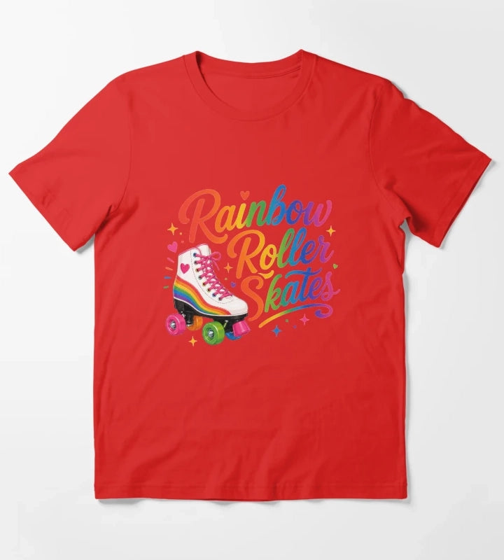 Rainbow Roller Skates Colorful Retro Skating Typography T-Shirt Red