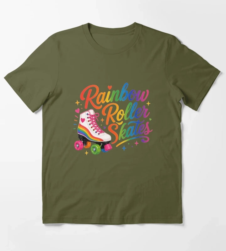 Rainbow Roller Skates Colorful Retro Skating Typography T-Shirt Olive Green