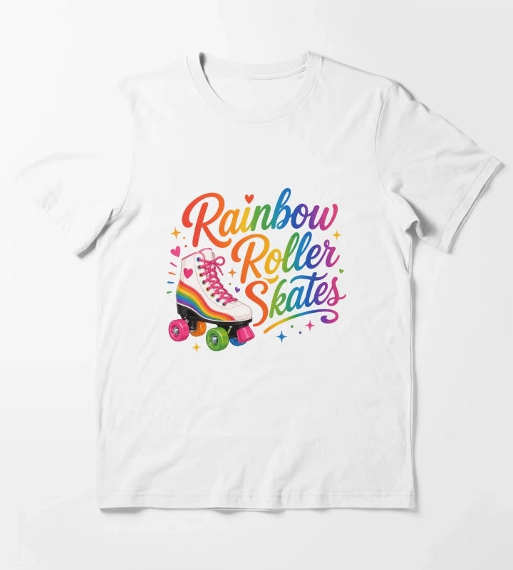 Rainbow Roller Skates Colorful Retro Skating Typography T-Shirt White