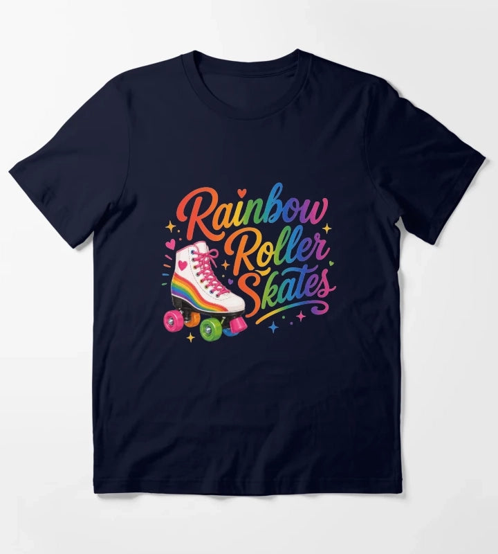 Rainbow Roller Skates Colorful Retro Skating Typography T-Shirt Navy