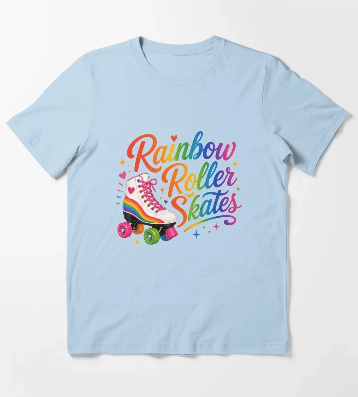 Rainbow Roller Skates Colorful Retro Skating Typography T-Shirt Sky Blue