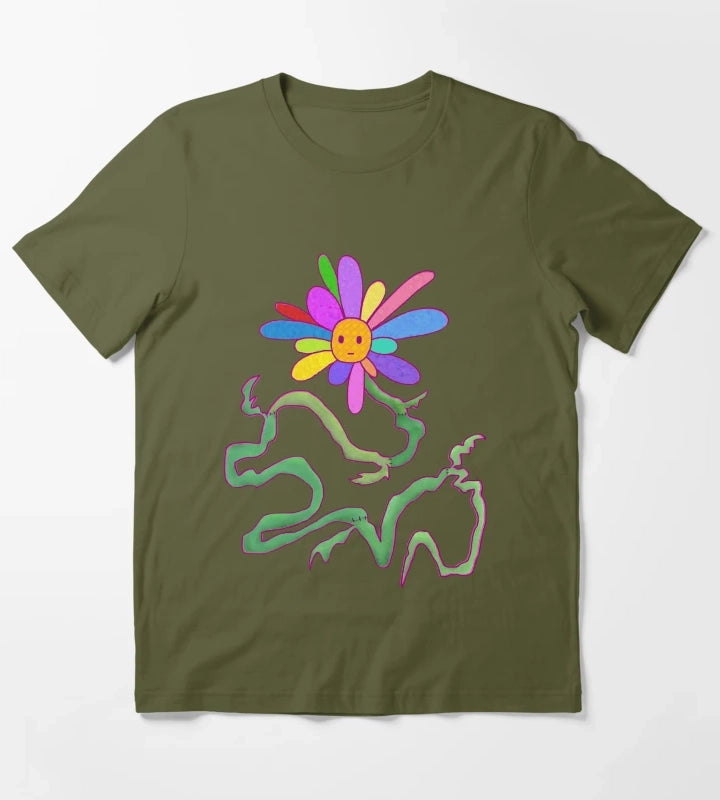 Rainbow SunPatch Flower T-Shirt Olive Green