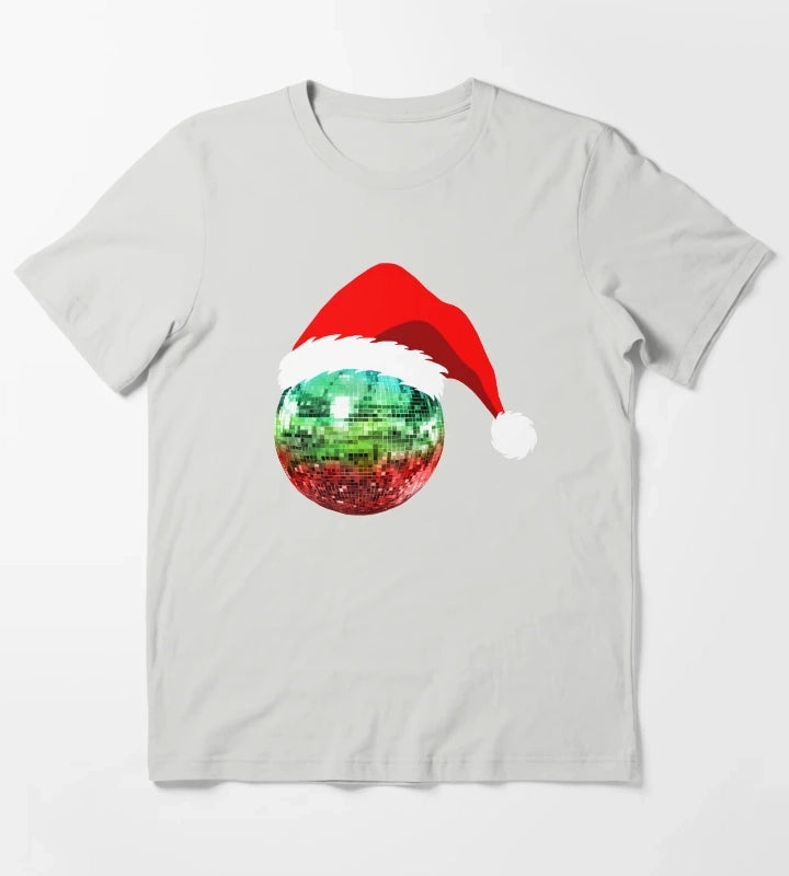 Red and Green Santa Christmas Disco Ball T-Shirt Light Grey