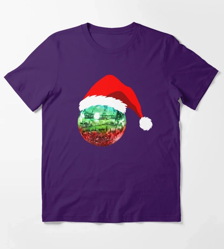 Red and Green Santa Christmas Disco Ball T-Shirt Purple