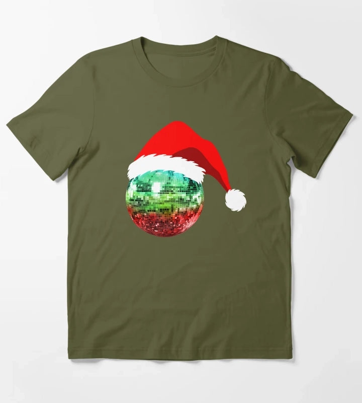 Red and Green Santa Christmas Disco Ball T-Shirt Olive Green