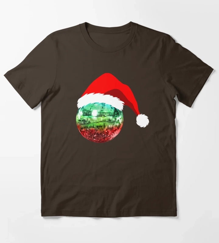 Red and Green Santa Christmas Disco Ball T-Shirt Brown