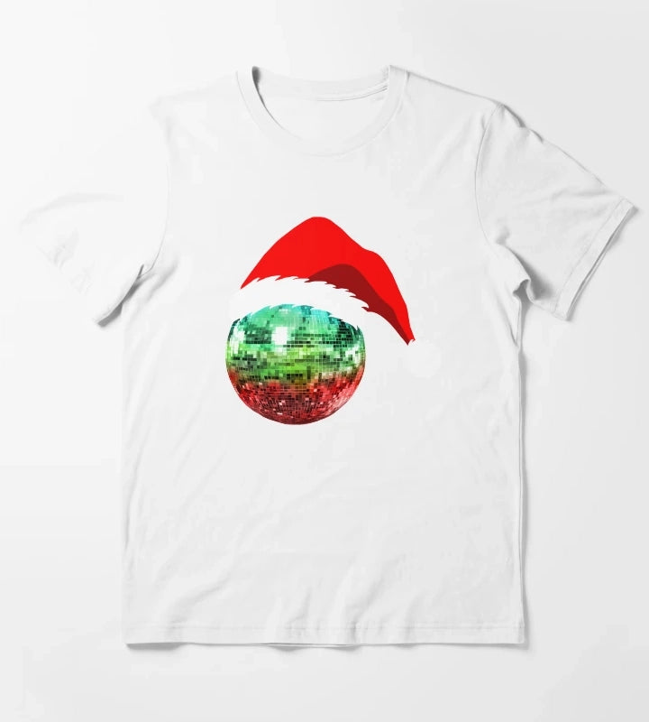 Red and Green Santa Christmas Disco Ball T-Shirt White