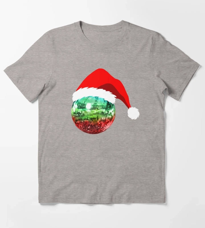 Red and Green Santa Christmas Disco Ball T-Shirt Heather Grey