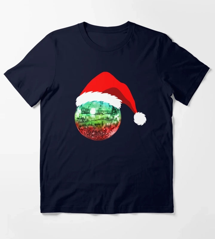 Red and Green Santa Christmas Disco Ball T-Shirt Navy