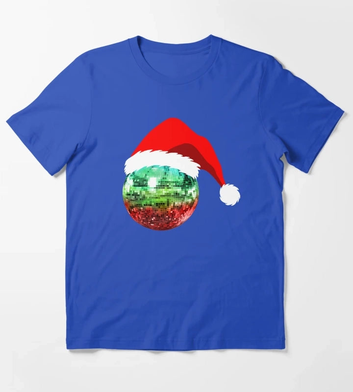 Red and Green Santa Christmas Disco Ball T-Shirt Blue