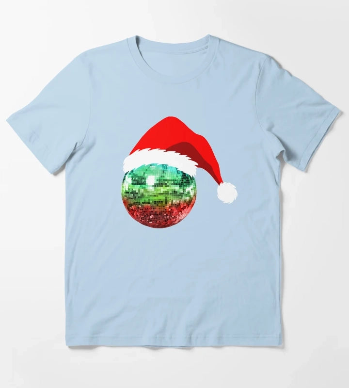 Red and Green Santa Christmas Disco Ball T-Shirt Sky Blue