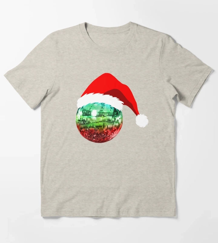 Red and Green Santa Christmas Disco Ball T-Shirt Cream