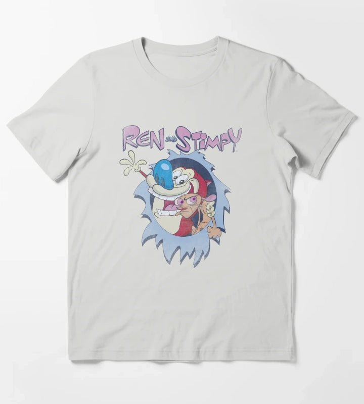 Ren and Stimpy Best Frenemies Title Poster T-Shirt Light Grey