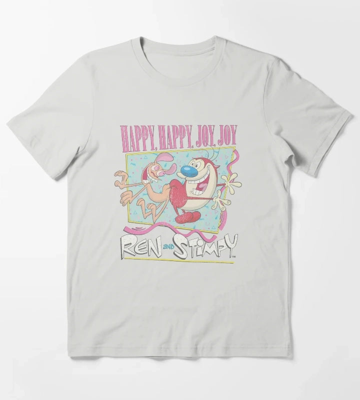 Ren and Stimpy Happy Happy Joy Joy Retro T-Shirt Light Grey