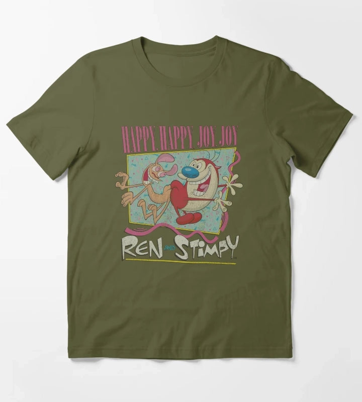 Ren and Stimpy Happy Happy Joy Joy Retro T-Shirt Olive Green