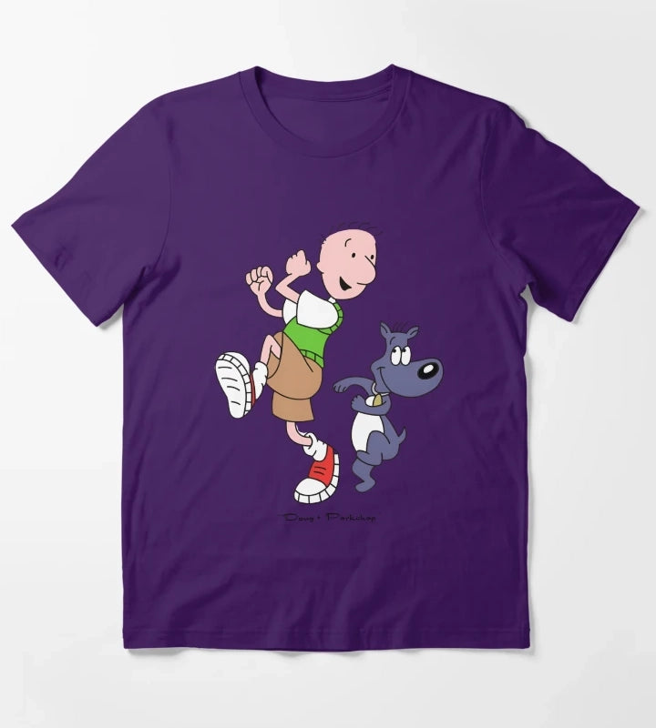 Retro 90s Cartoon Boy and Blue Dog Best Friends Art T-Shirt Purple