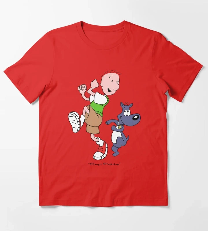 Retro 90s Cartoon Boy and Blue Dog Best Friends Art T-Shirt Red