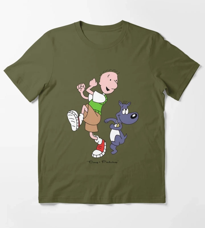Retro 90s Cartoon Boy and Blue Dog Best Friends Art T-Shirt Olive Green