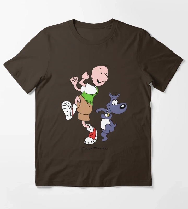 Retro 90s Cartoon Boy and Blue Dog Best Friends Art T-Shirt Brown