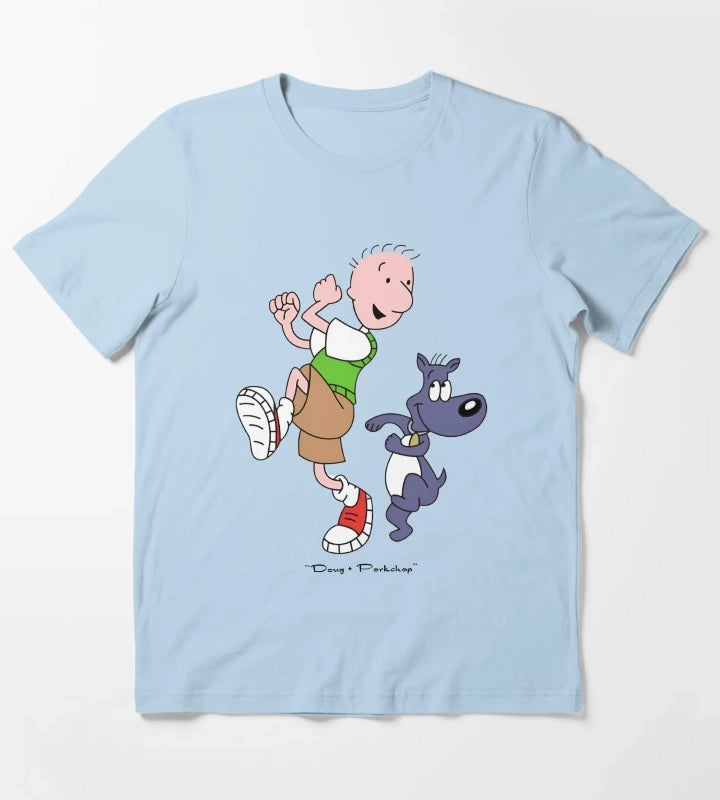Retro 90s Cartoon Boy and Blue Dog Best Friends Art T-Shirt Sky Blue