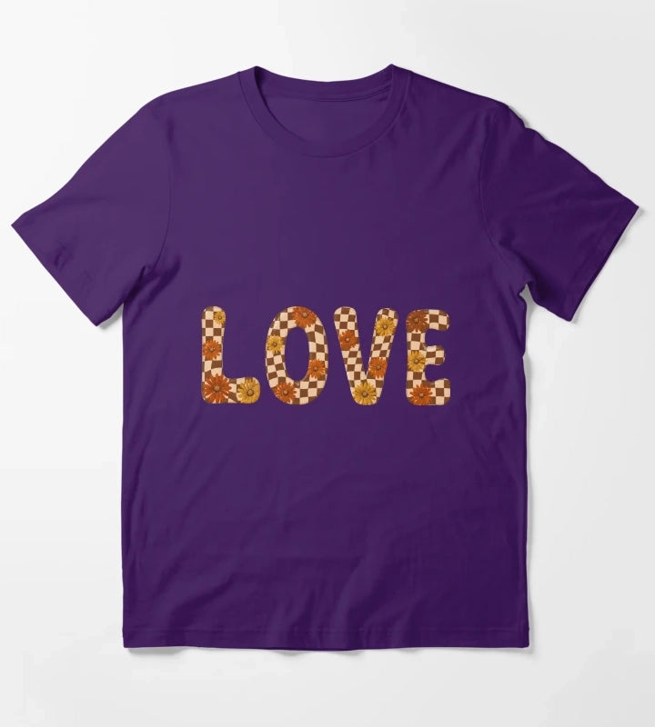 Retro Checkerboard Love Groovy Flower Power Daisies T-Shirt Purple