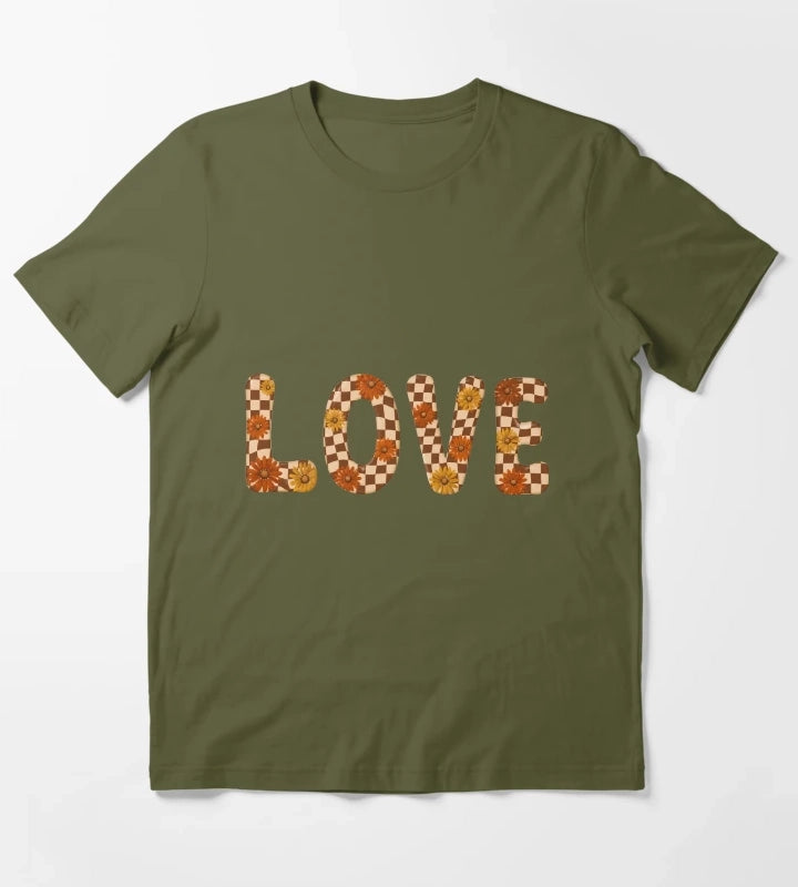 Retro Checkerboard Love Groovy Flower Power Daisies T-Shirt Olive Green