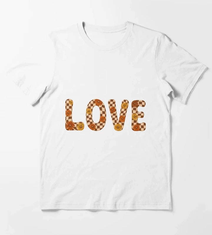 Retro Checkerboard Love Groovy Flower Power Daisies T-Shirt White