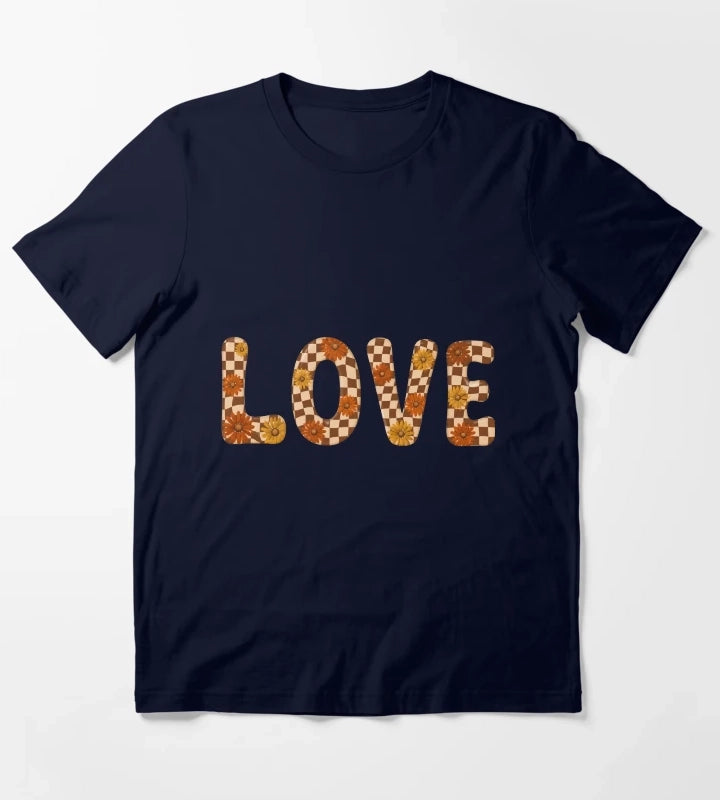Retro Checkerboard Love Groovy Flower Power Daisies T-Shirt Navy