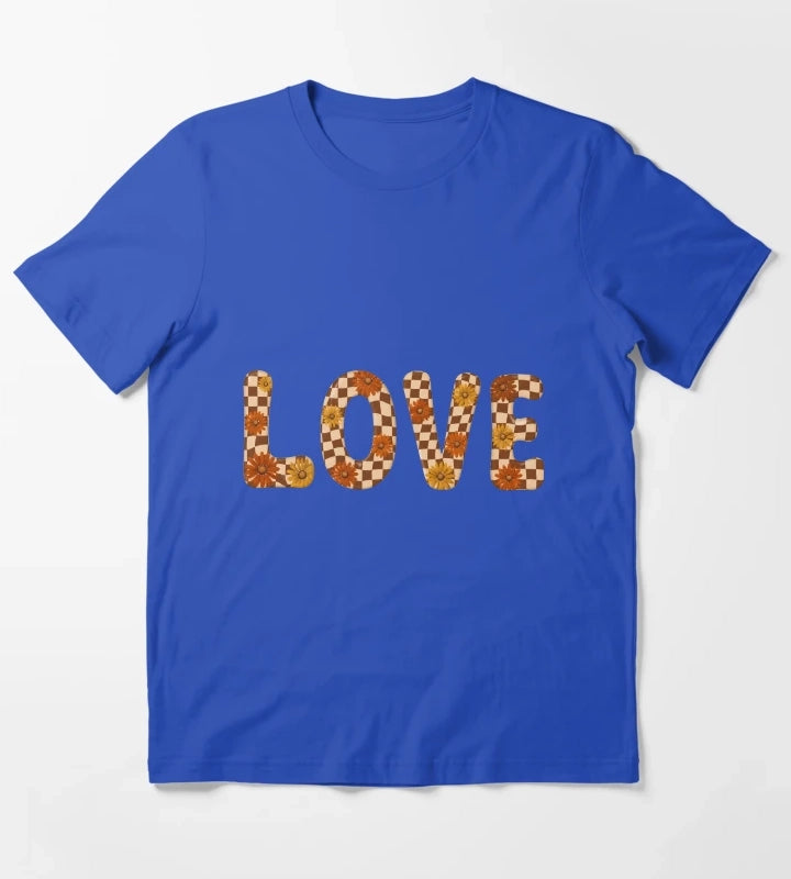 Retro Checkerboard Love Groovy Flower Power Daisies T-Shirt Blue