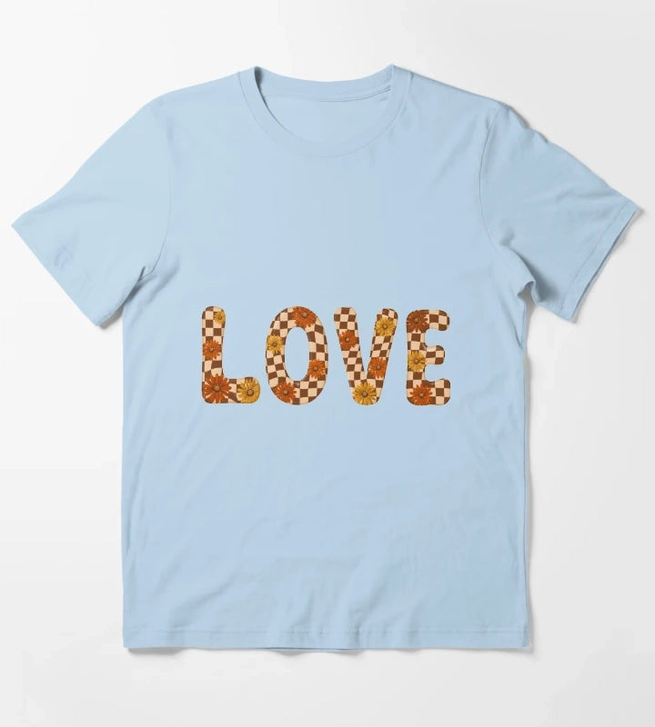 Retro Checkerboard Love Groovy Flower Power Daisies T-Shirt Sky Blue