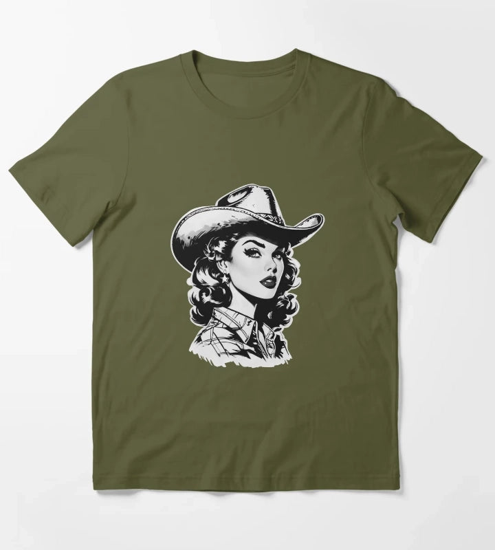 Retro Cowgirl Western design T-Shirt Olive Green