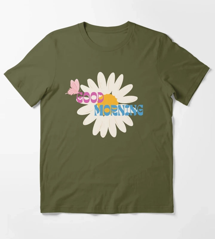 Retro Daisy Good Morning Butterfly Graphic T-Shirt Olive Green