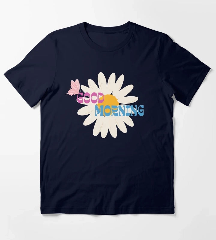 Retro Daisy Good Morning Butterfly Graphic T-Shirt Navy