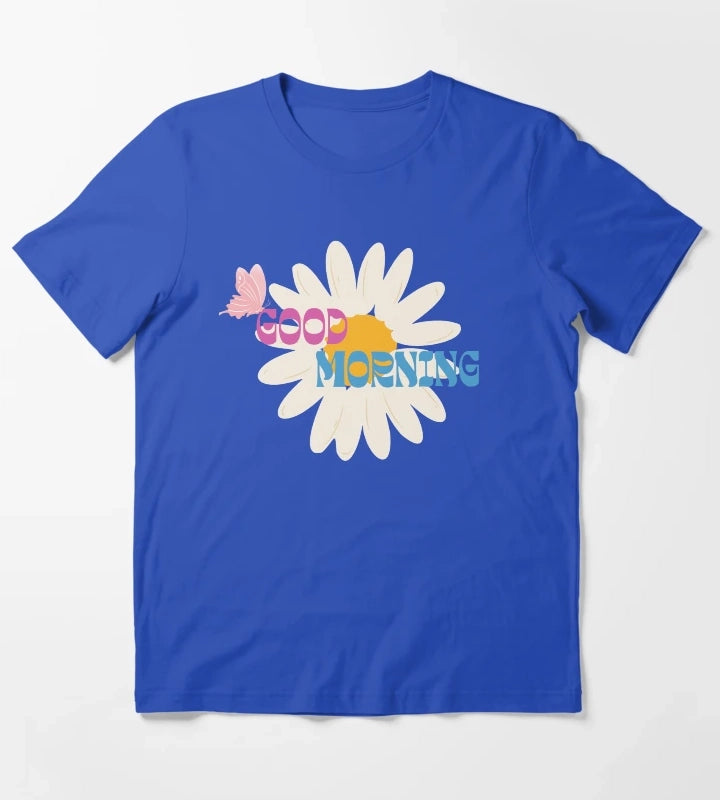 Retro Daisy Good Morning Butterfly Graphic T-Shirt Blue