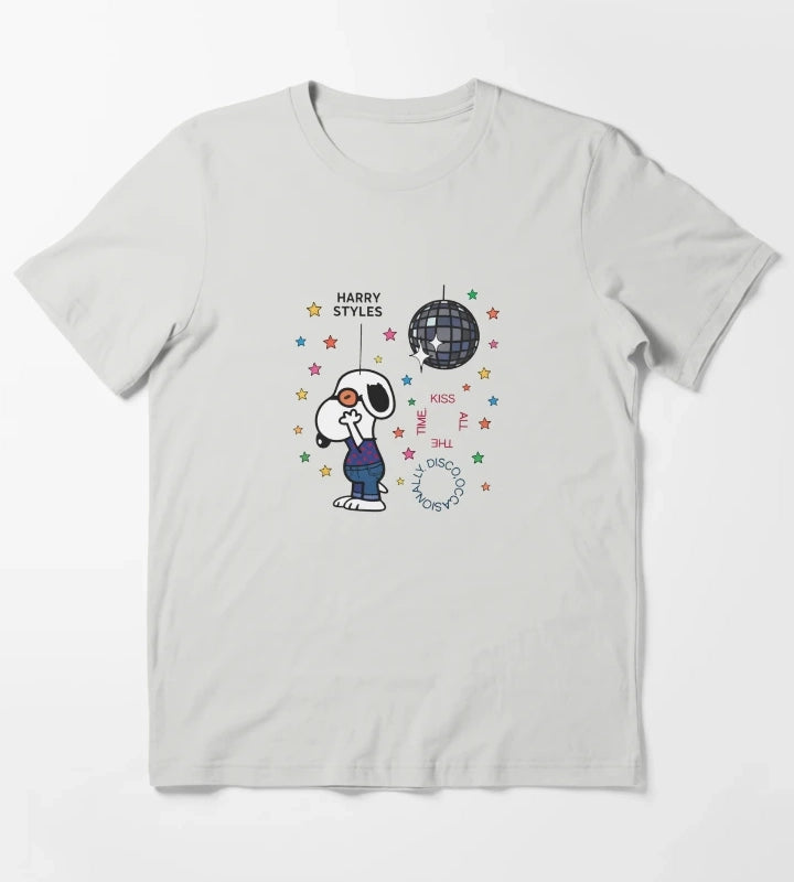 Retro Disco Occasionally Kiss All The Time Graphic Cute Snoopy Inspired Concert Top for Music Fans T-Shirt Light Grey