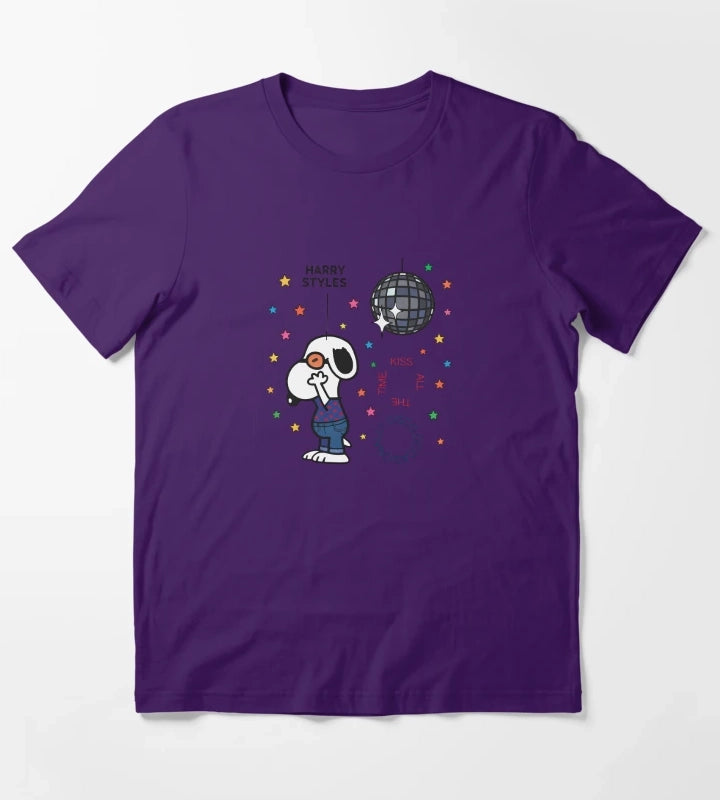 Retro Disco Occasionally Kiss All The Time Graphic Cute Snoopy Inspired Concert Top for Music Fans T-Shirt Purple