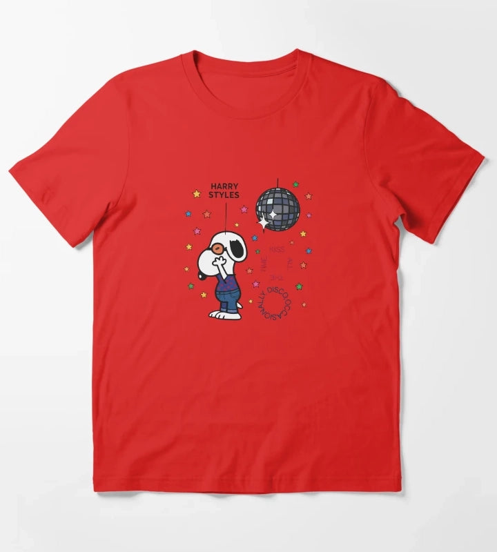 Retro Disco Occasionally Kiss All The Time Graphic Cute Snoopy Inspired Concert Top for Music Fans T-Shirt Red