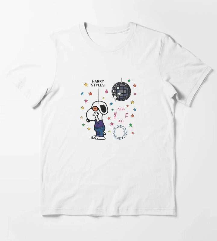 Retro Disco Occasionally Kiss All The Time Graphic Cute Snoopy Inspired Concert Top for Music Fans T-Shirt White