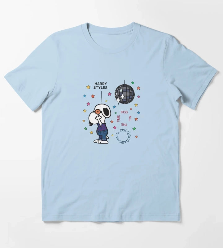 Retro Disco Occasionally Kiss All The Time Graphic Cute Snoopy Inspired Concert Top for Music Fans T-Shirt Sky Blue
