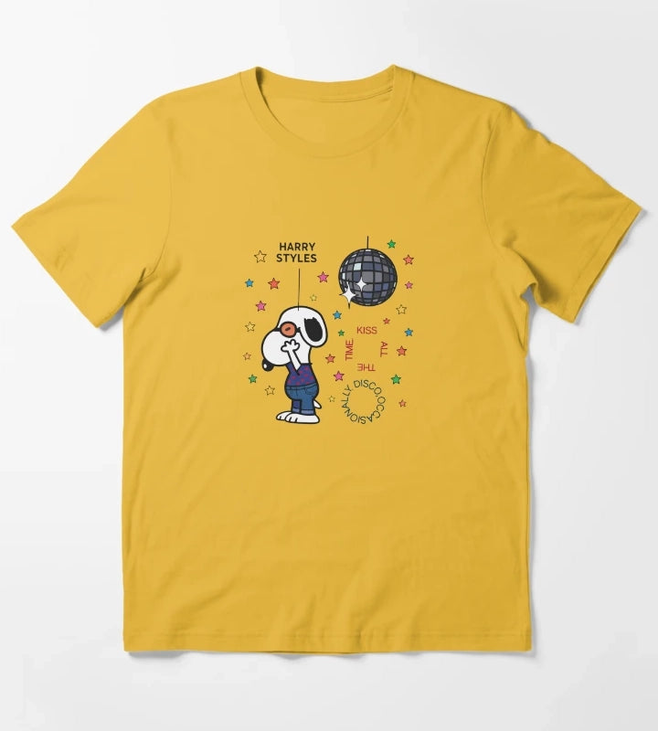 Retro Disco Occasionally Kiss All The Time Graphic Cute Snoopy Inspired Concert Top for Music Fans T-Shirt Yellow
