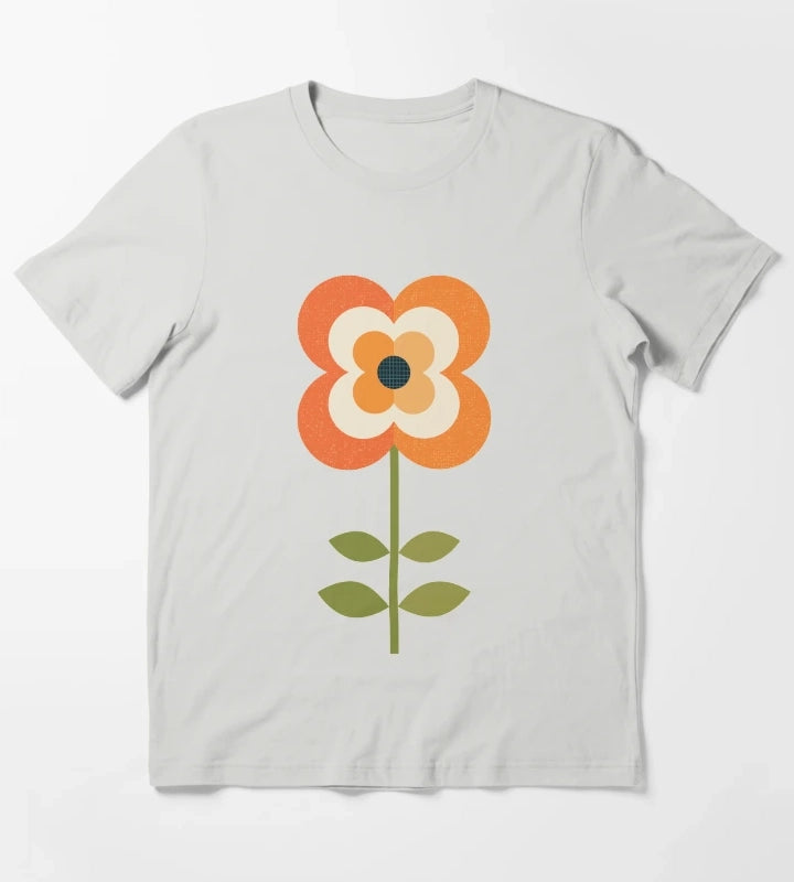 Retro Flower Orange and Charcoal T-Shirt Light Grey