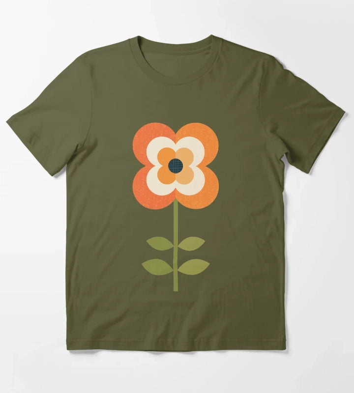 Retro Flower Orange and Charcoal T-Shirt Olive Green