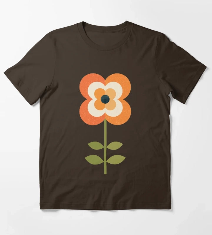 Retro Flower Orange and Charcoal T-Shirt Brown