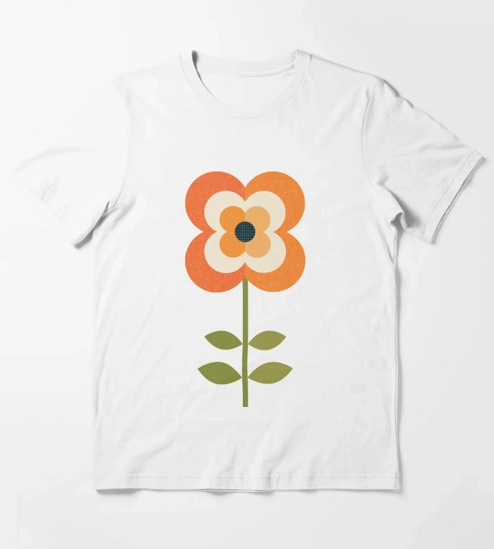 Retro Flower Orange and Charcoal T-Shirt White