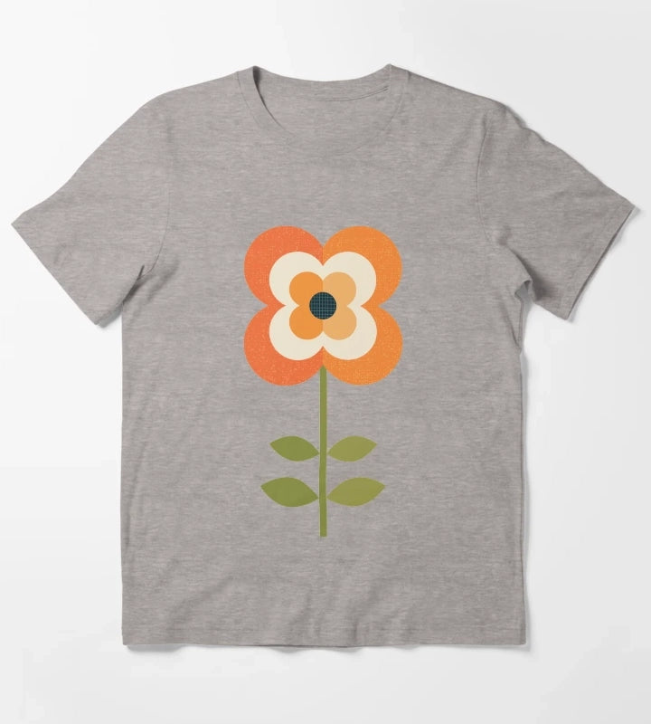 Retro Flower Orange and Charcoal T-Shirt Heather Grey