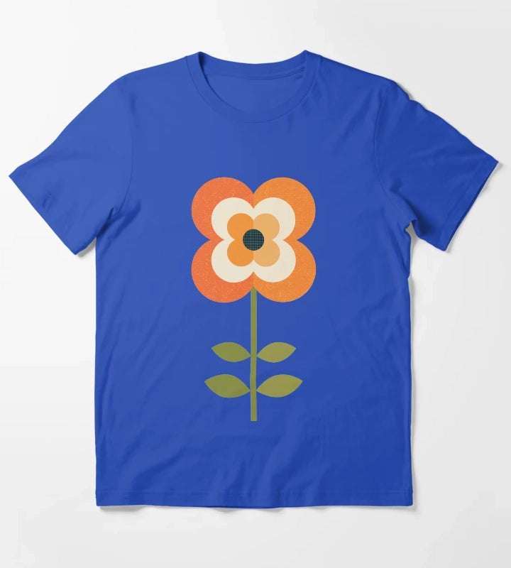 Retro Flower Orange and Charcoal T-Shirt Blue