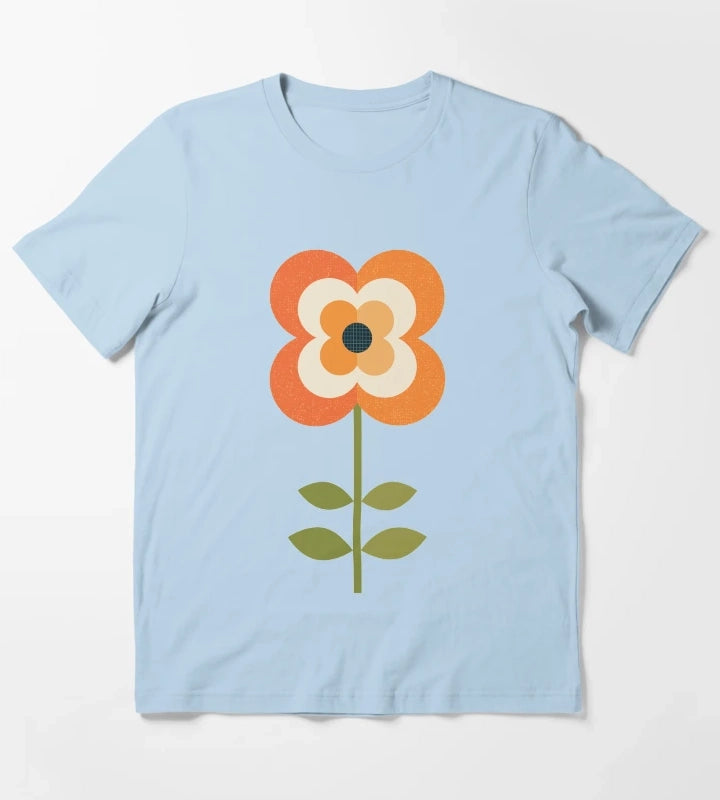 Retro Flower Orange and Charcoal T-Shirt Sky Blue