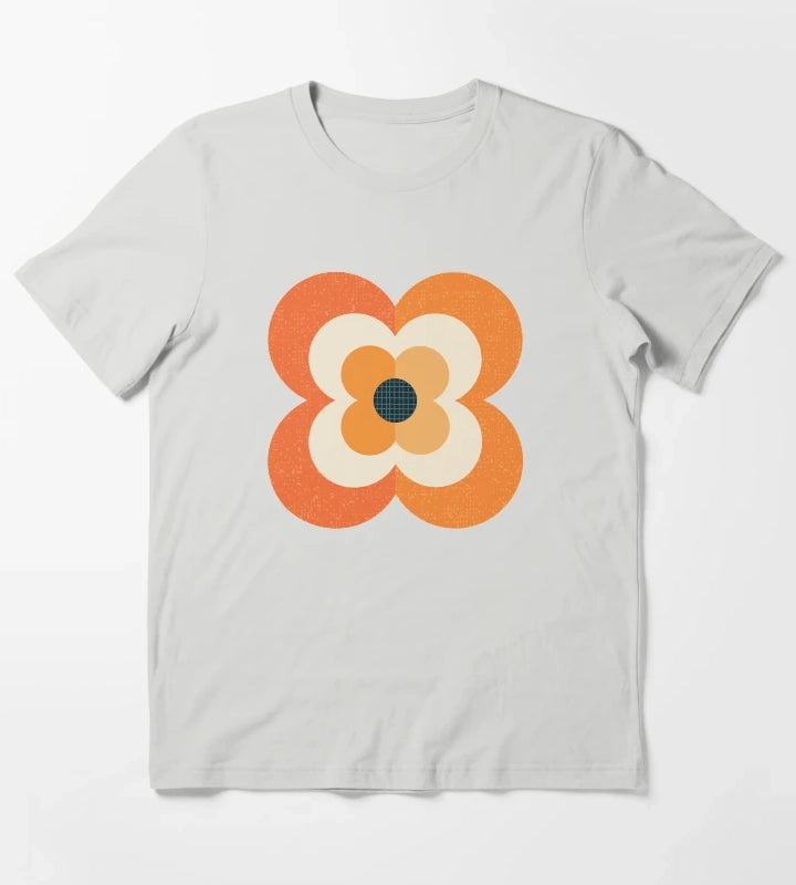 Retro Flowers Orange and Charcoal T-Shirt Light Grey