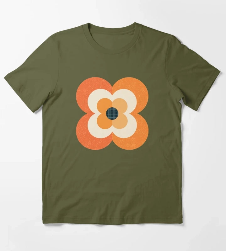 Retro Flowers Orange and Charcoal T-Shirt Olive Green